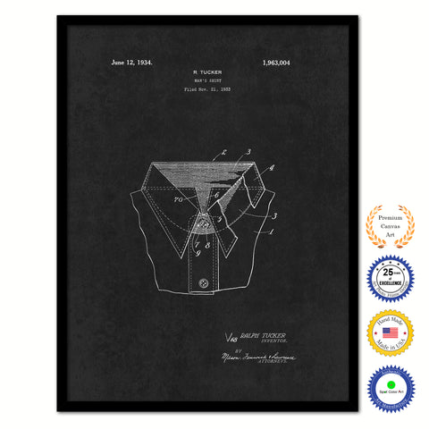 1934 Man's Shirt Clothes Vintage Patent Artwork Black Framed Canvas Home Office Decor Great for Fashion Designer