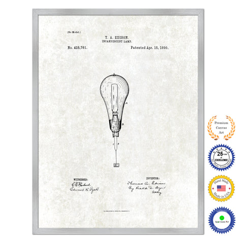 1890 Thomas Edison Incandescent Lamp Antique Patent Artwork Silver Framed Canvas Print Home Office Decor Great for Thomas Edison Lover Electrician Inventor