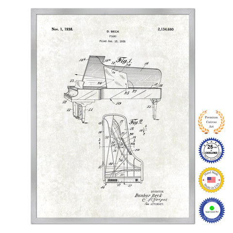 1938 Piano Old Patent Art Print on Canvas Custom Framed Vintage Home Decor Wall Decoration Great for Gifts
