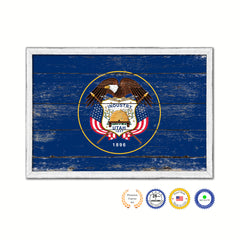 Utah State Flag Shabby Chic Gifts Home Decor Wall Art Canvas Print, White Wash Wood Frame