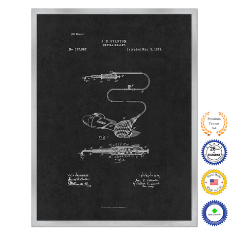 1897 Dentist Dental Mallet Antique Patent Artwork Silver Framed Canvas Home Office Decor Great for Dentist Orthodontist