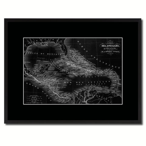 West Indies Caribbean Vintage Monochrome Map Canvas Print, Gifts Picture Frames Home Decor Wall Art