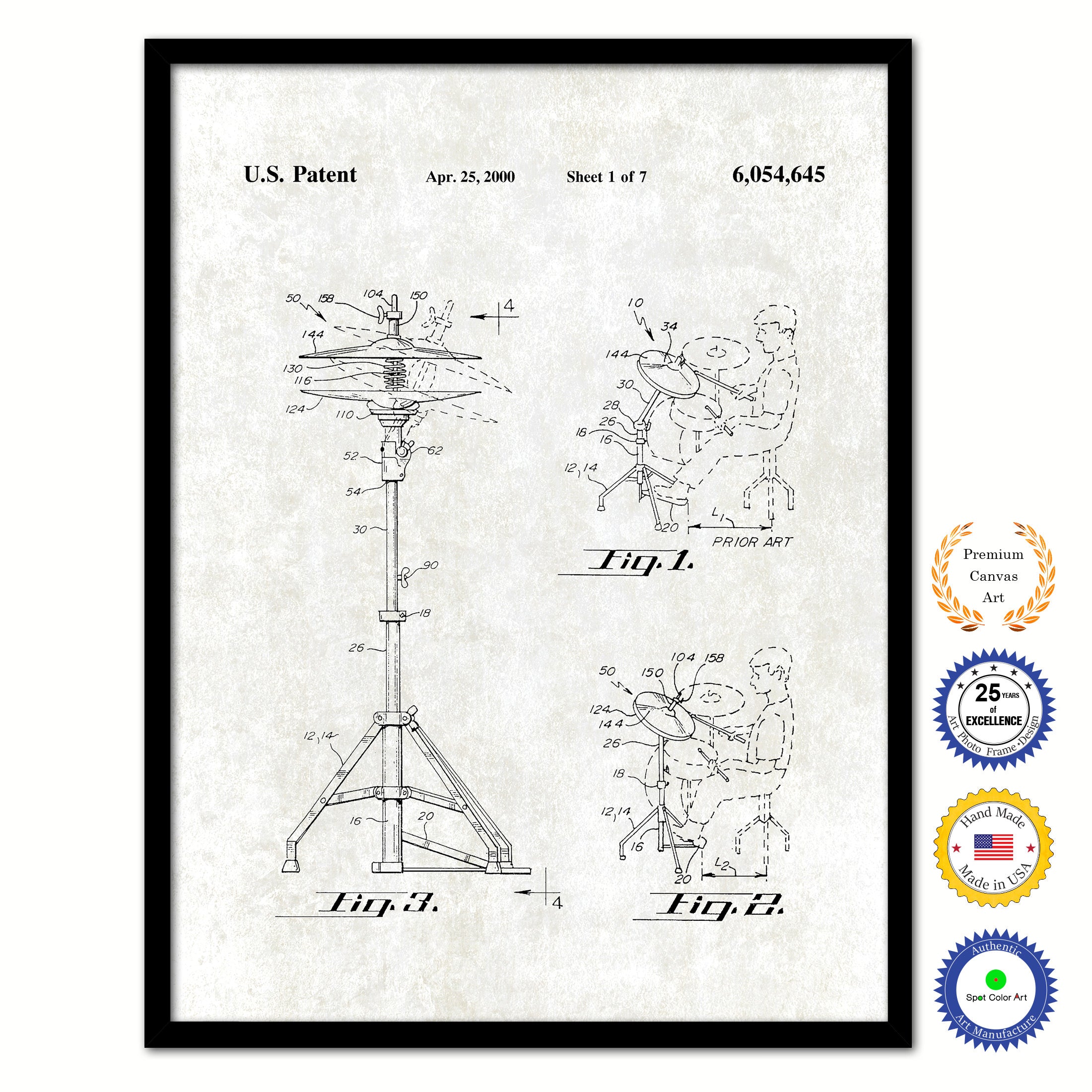 2000 Drummer Hi-Hat Cymbal Old Patent Art Print on Canvas Custom Framed Vintage Home Decor Wall Decoration Great for Gifts