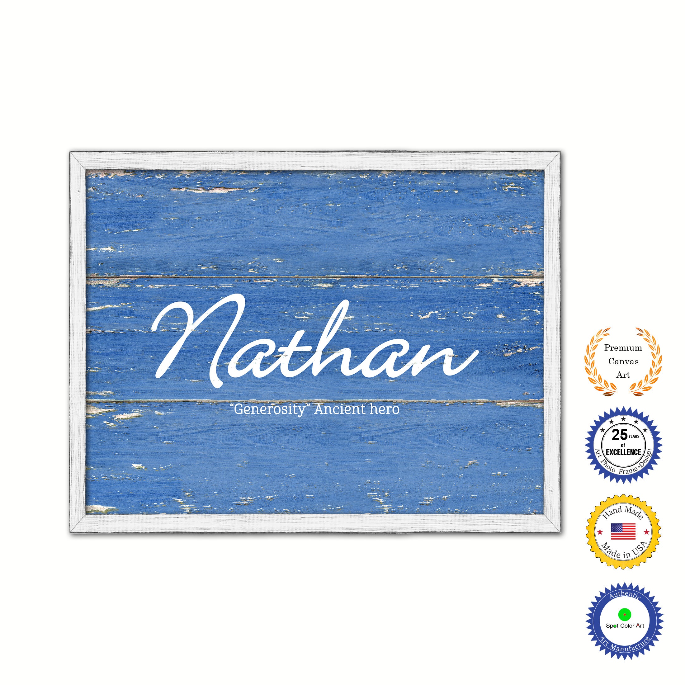Nathan Name Plate White Wash Wood Frame Canvas Print Boutique Cottage Decor Shabby Chic