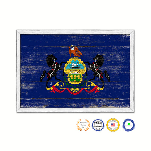 Pennsylvania State Flag Shabby Chic Gifts Home Decor Wall Art Canvas Print, White Wash Wood Frame