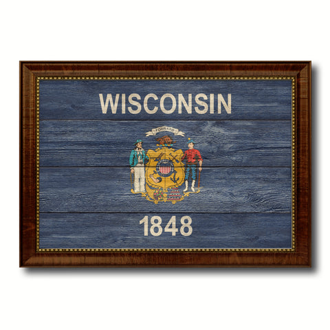 Wisconsin State Flag Vintage Canvas Print with Black Picture Frame Home DecorWall Art Collectible Decoration Artwork Gifts
