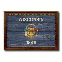 Wisconsin State Flag Texture Canvas Print with Brown Picture Frame Gifts Home Decor Wall Art Collectible Decoration