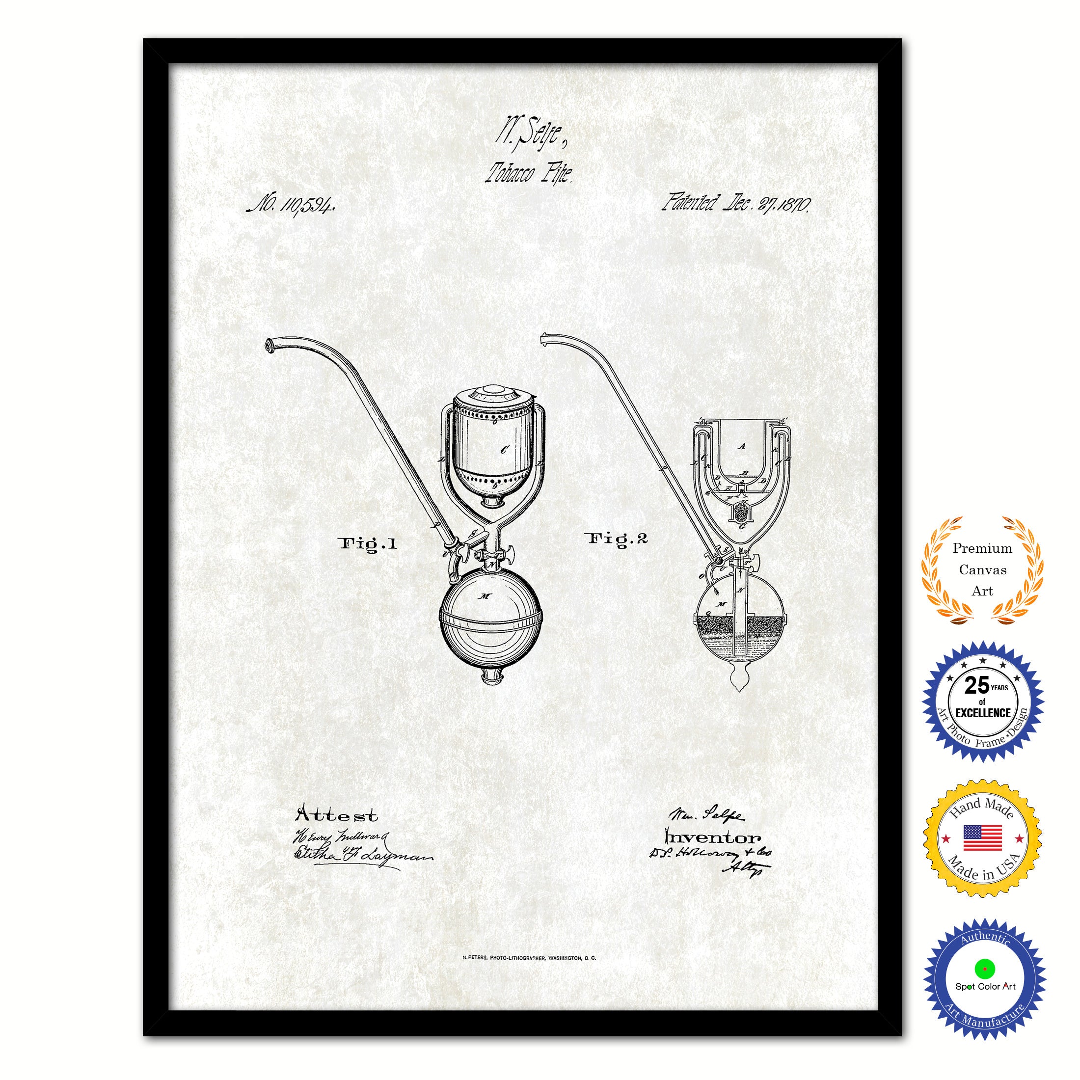 1870 Tobacco Pipe Old Patent Art Print on Canvas Custom Framed Vintage Home Decor Wall Decoration Great for Gifts