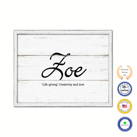 Zoe Name Plate White Wash Wood Frame Canvas Print Boutique Cottage Decor Shabby Chic