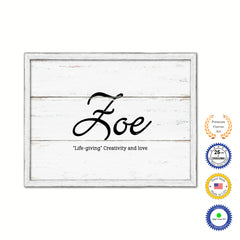 Zoe Name Plate White Wash Wood Frame Canvas Print Boutique Cottage Decor Shabby Chic