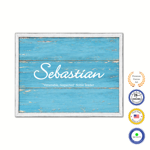 Sebastian Name Plate White Wash Wood Frame Canvas Print Boutique Cottage Decor Shabby Chic