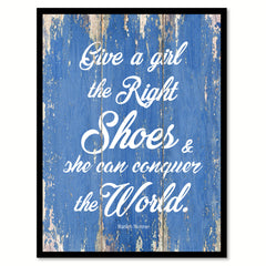 Give a girl the right shoes & she can conquer the world - Marilyn Monroe Quote Saying Canvas Print with Picture Frame Home Decor Wall Art, Blue