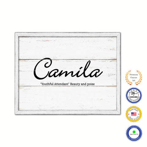 Camila Name Plate White Wash Wood Frame Canvas Print Boutique Cottage Decor Shabby Chic