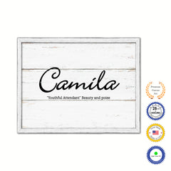 Camila Name Plate White Wash Wood Frame Canvas Print Boutique Cottage Decor Shabby Chic