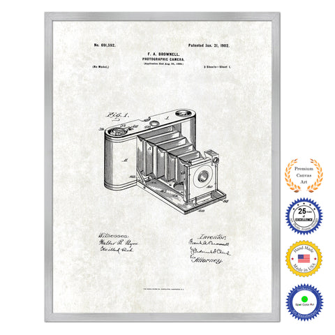 1902 Photographic Camera Antique Patent Artwork Silver Framed Canvas Print Home Office Decor Great Gift for Photographer