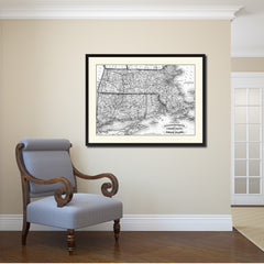 Massachusetts Connecticut Rhode Island Vintage B&W Map Canvas Print, Picture Frame Home Decor Wall Art Gift Ideas