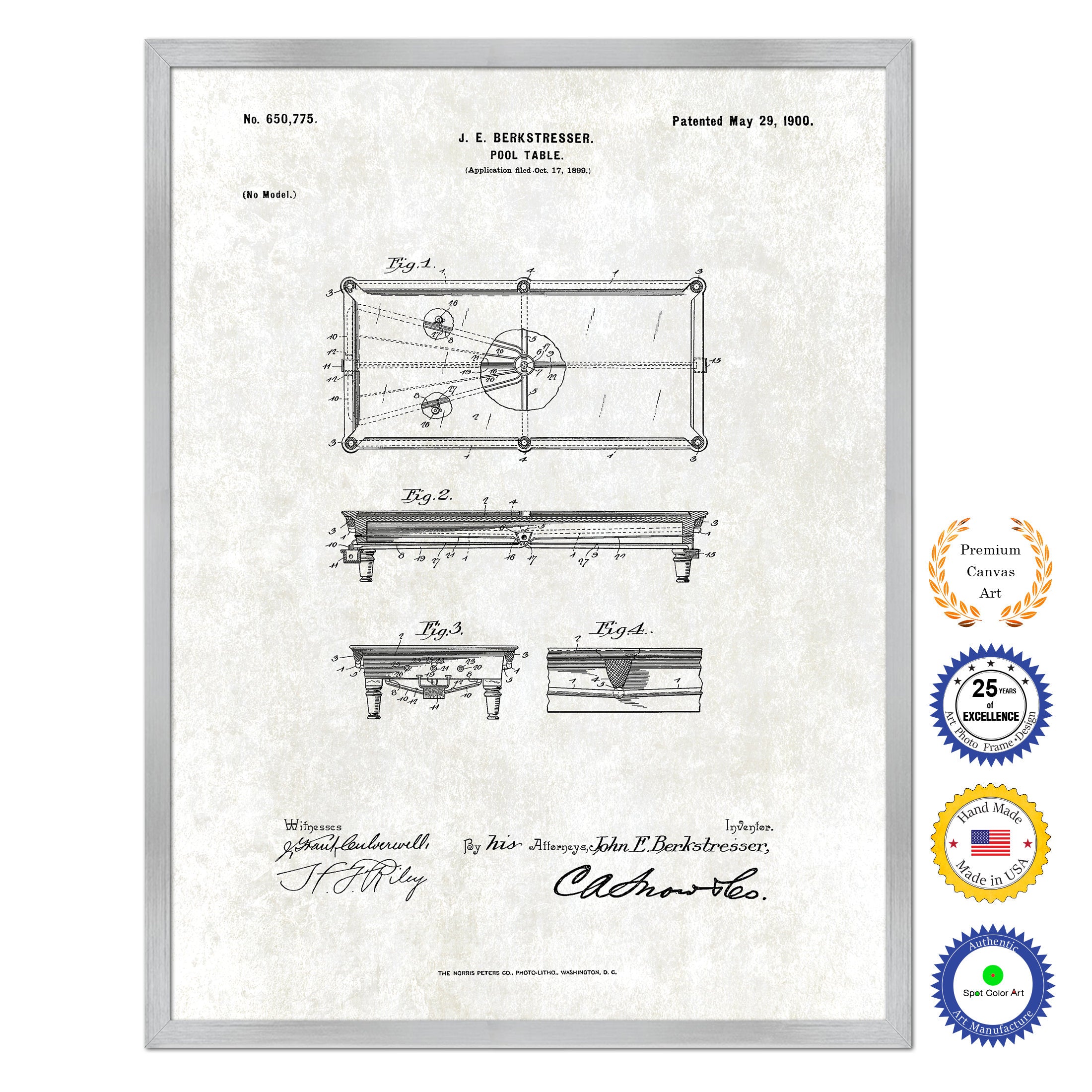 1900 Billiards Pool Table Old Patent Art Print on Canvas Custom Framed Vintage Home Decor Wall Decoration Great for Gifts