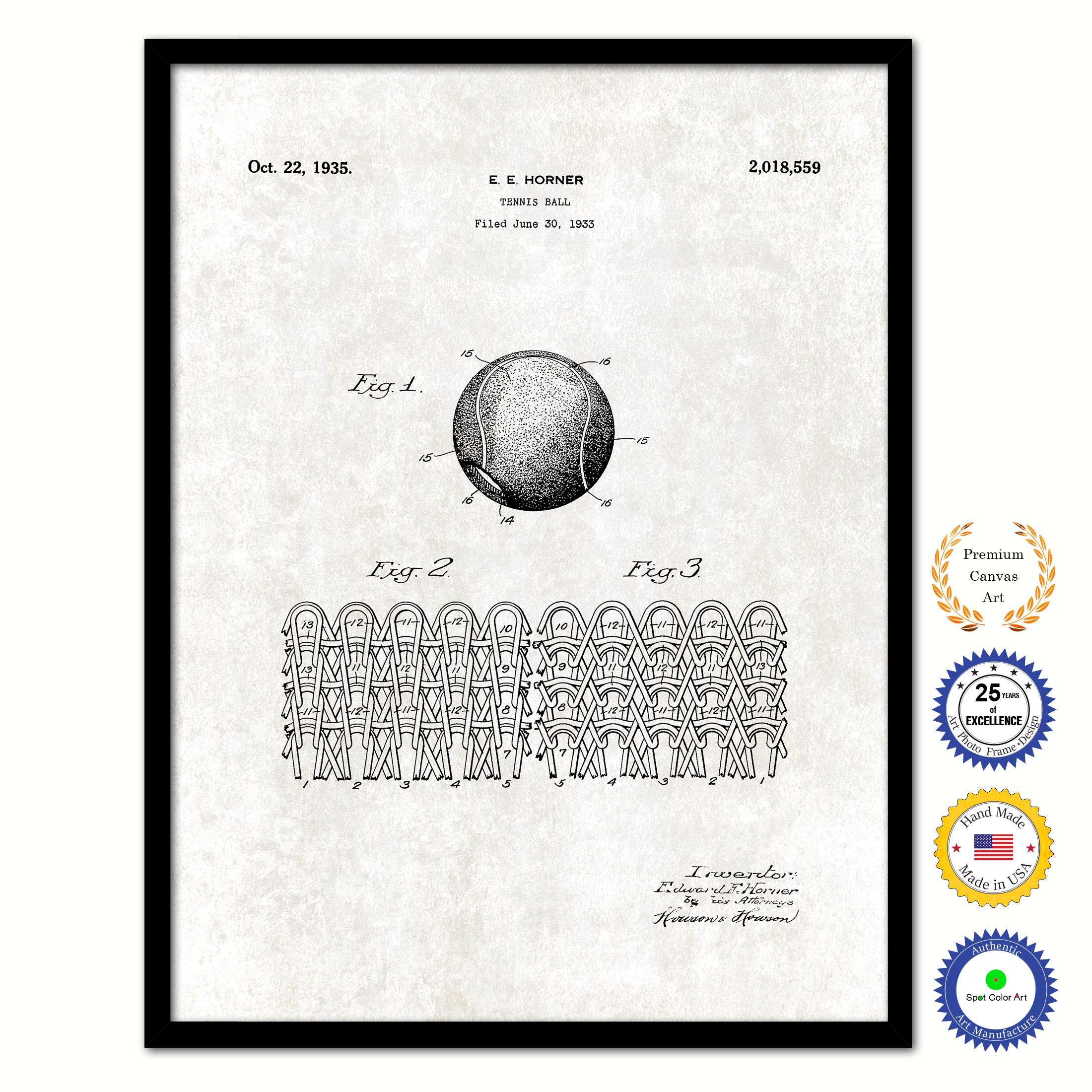 1935 Tennis Ball Old Patent Art Print on Canvas Custom Framed Vintage Home Decor Wall Decoration Great for Gifts