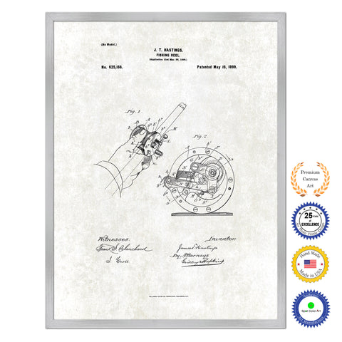 1899 Fishing Reel Antique Patent Artwork Silver Framed Canvas Print Home Office Decor Great for Fisherman Cabin Lake House