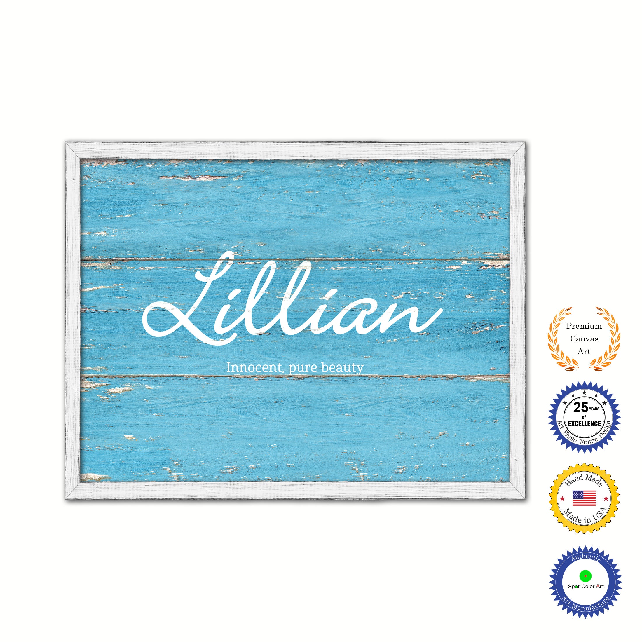 Lillian Name Plate White Wash Wood Frame Canvas Print Boutique Cottage Decor Shabby Chic
