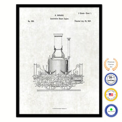 1837 Locomotive Steam Engine Old Patent Art Print on Canvas Custom Framed Vintage Home Decor Wall Decoration Great for Gifts