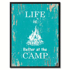 Life Is Better At The Camp Saying Canvas Print, Black Picture Frame Home Decor Wall Art Gifts