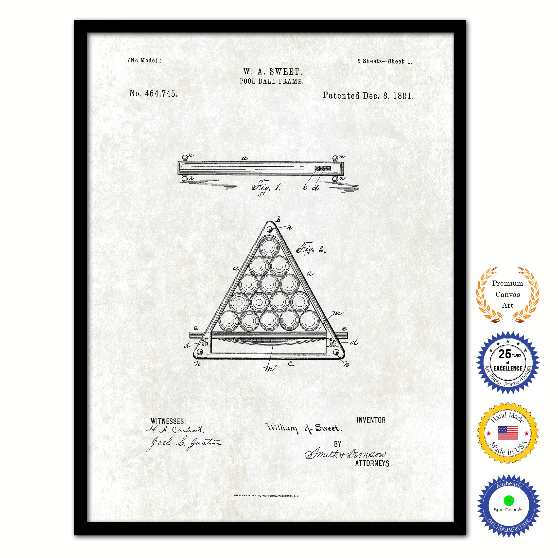 1891 Billiard Pool Ball Frame Old Patent Art Print on Canvas Custom Framed Vintage Home Decor Wall Decoration Great for Gifts
