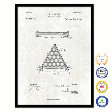1891 Billiard Pool Ball Frame Old Patent Art Print on Canvas Custom Framed Vintage Home Decor Wall Decoration Great for Gifts