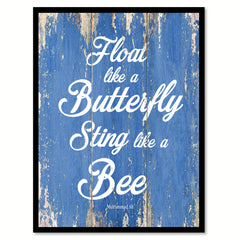 Float like a butterfly sting like a bee - Muhammad Ali Motivational Quote Saying Canvas Print with Picture Frame Home Decor Wall Art, Blue