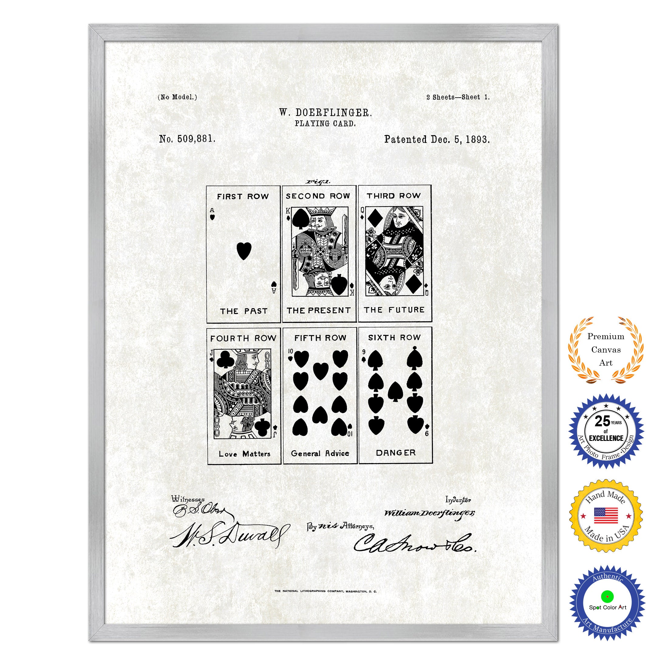 1893 Face Poker Game Old Patent Art Print on Canvas Custom Framed Vintage Home Decor Wall Decoration Great for Gifts