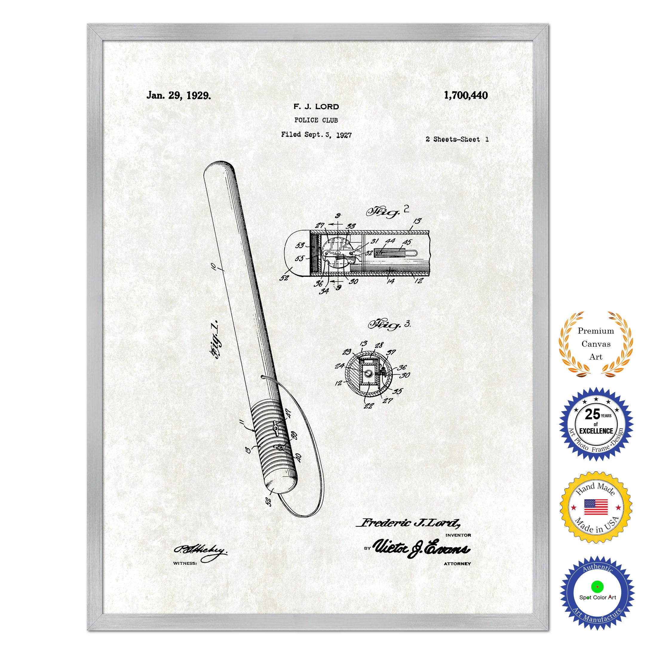 1929 Police Club Old Patent Art Print on Canvas Custom Framed Vintage Home Decor Wall Decoration Great for Gifts