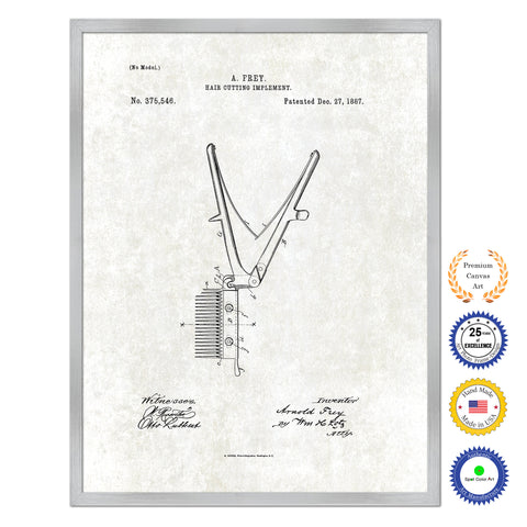 1887 Barber Hair Cutting Implement Antique Patent Artwork Silver Framed Canvas Print Home Office Decor Great Gift for Barber Salon Hair Stylist