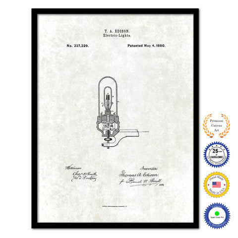 1880 Thomas Edison Electric Lights Vintage Patent Artwork Black Framed Canvas Print Home Office Decor Great for Thomas Edison Lover Electrician Inventor