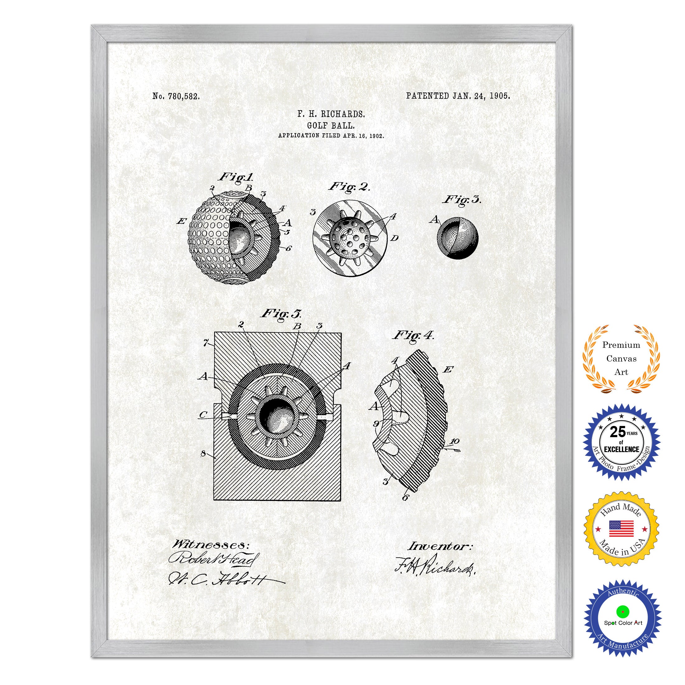 1905 Golf Ball Old Patent Art Print on Canvas Custom Framed Vintage Home Decor Wall Decoration Great for Gifts