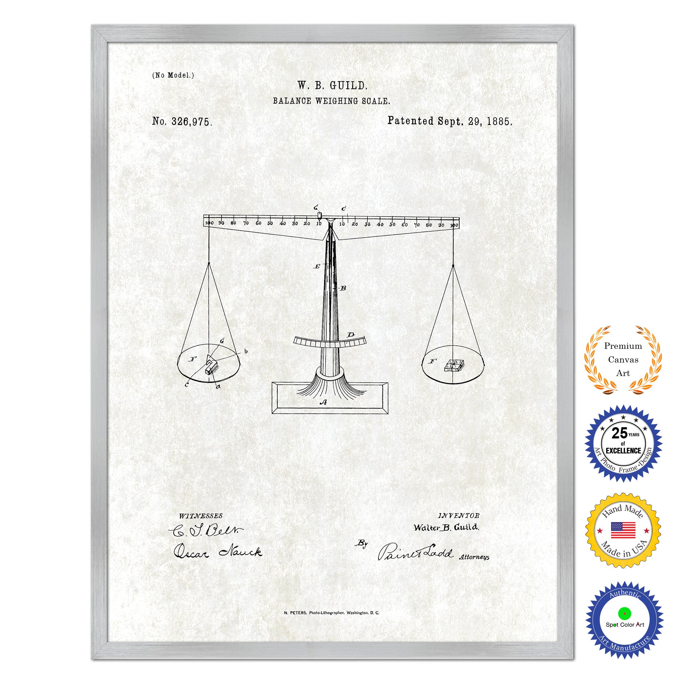 1885 Balance Weighing Scale Old Patent Art Print on Canvas Custom Framed Vintage Home Decor Wall Decoration Great for Gifts