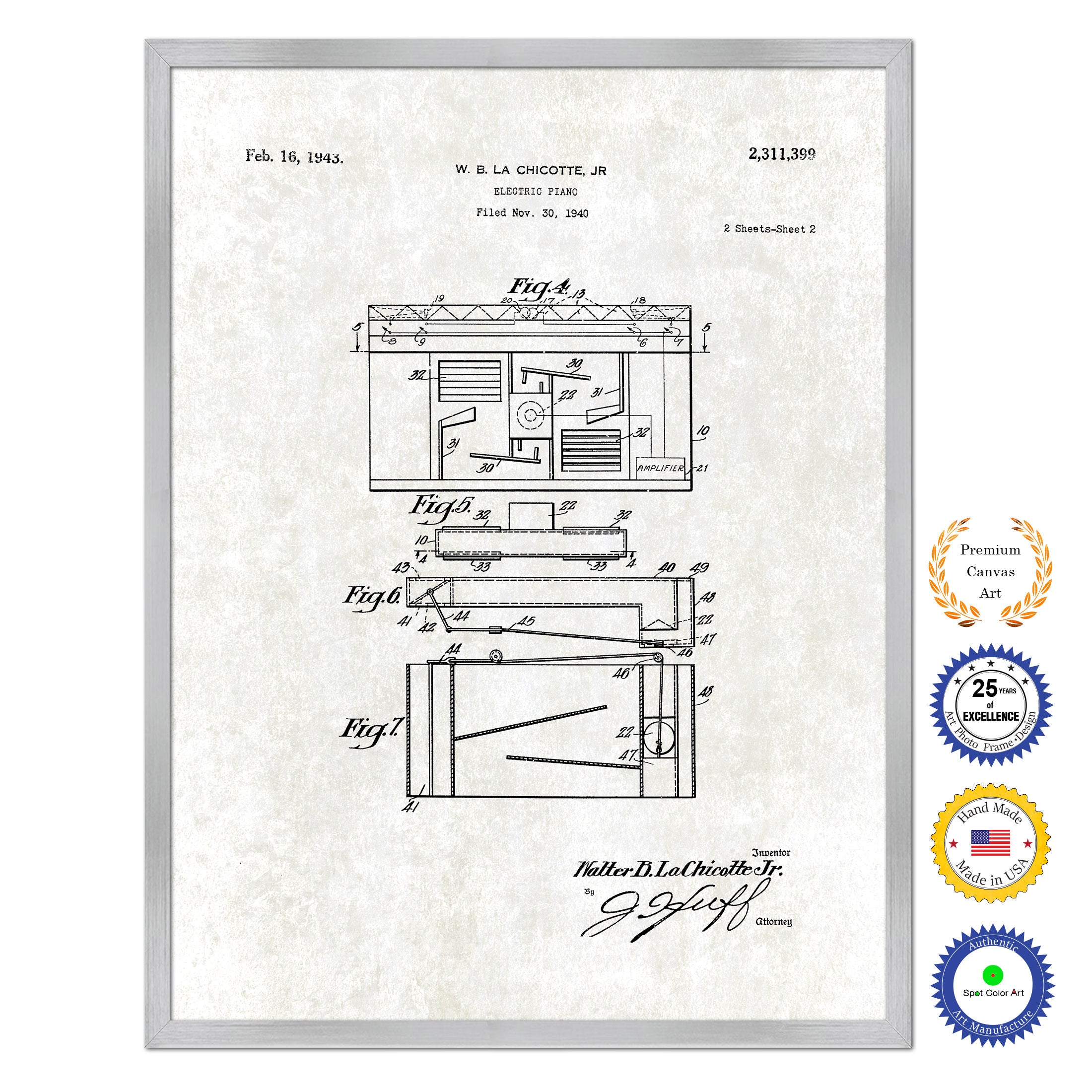 1940 Electric Piano Old Patent Art Print on Canvas Custom Framed Vintage Home Decor Wall Decoration Great for Gifts
