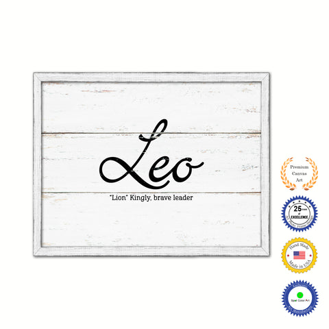 Leo Name Plate White Wash Wood Frame Canvas Print Boutique Cottage Decor Shabby Chic