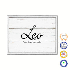 Leo Name Plate White Wash Wood Frame Canvas Print Boutique Cottage Decor Shabby Chic