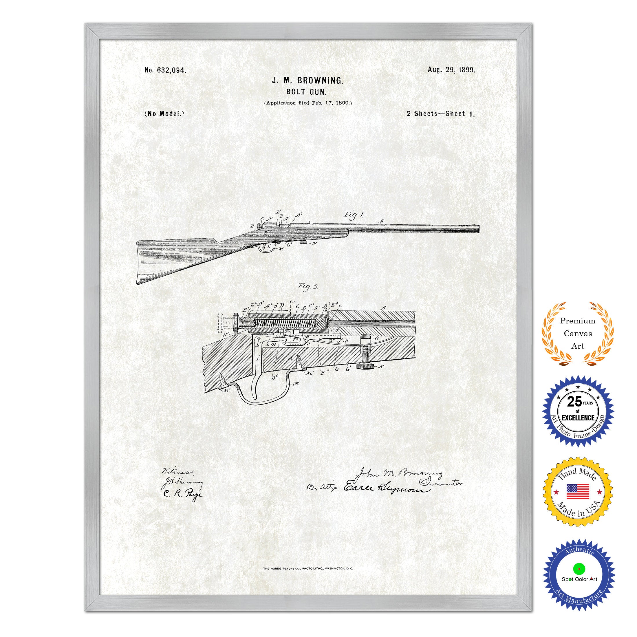 1899 Bolt Gun Rifle Old Patent Art Print on Canvas Custom Framed Vintage Home Decor Wall Decoration Great for Gifts