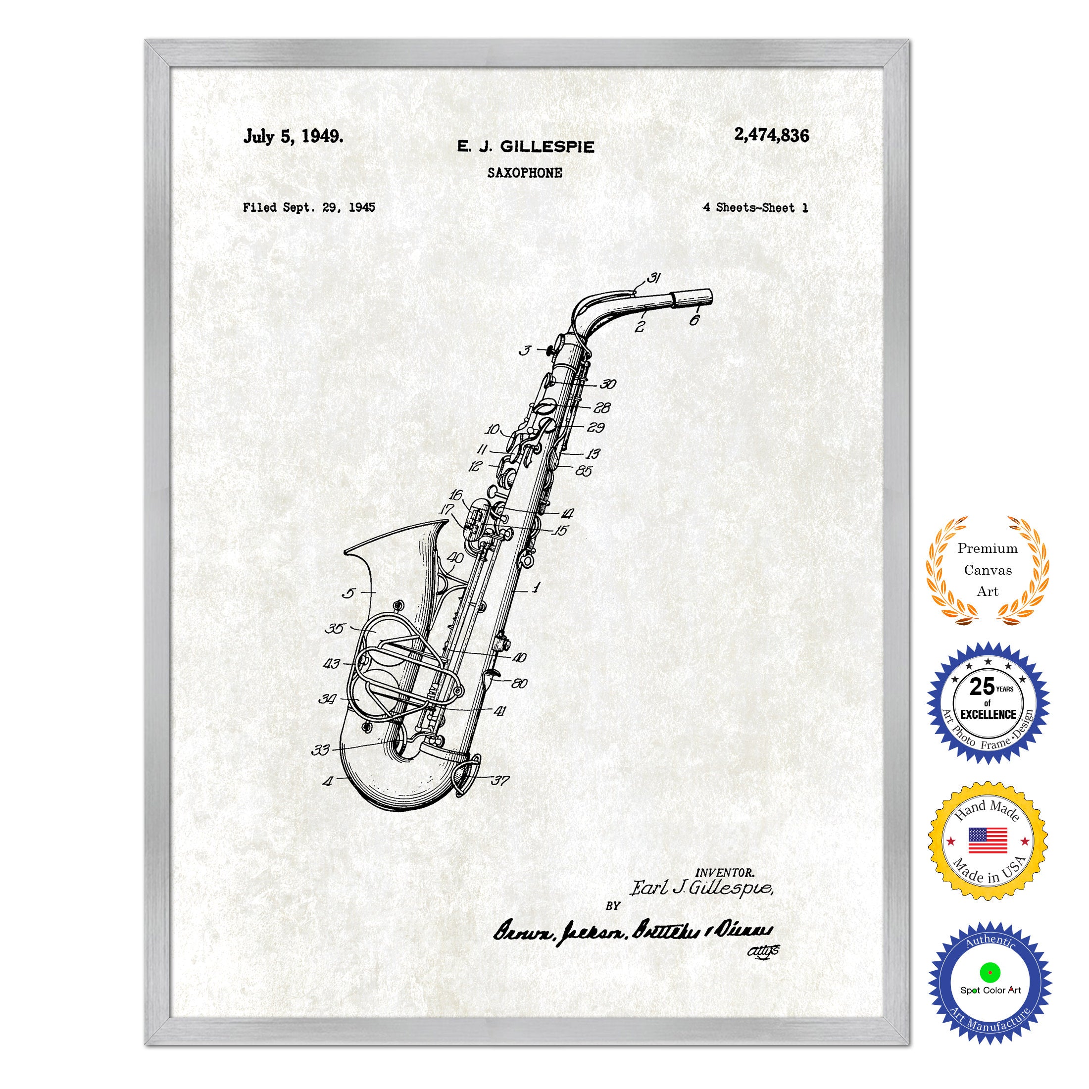 1949 Saxophone Old Patent Art Print on Canvas Custom Framed Vintage Home Decor Wall Decoration Great for Gifts