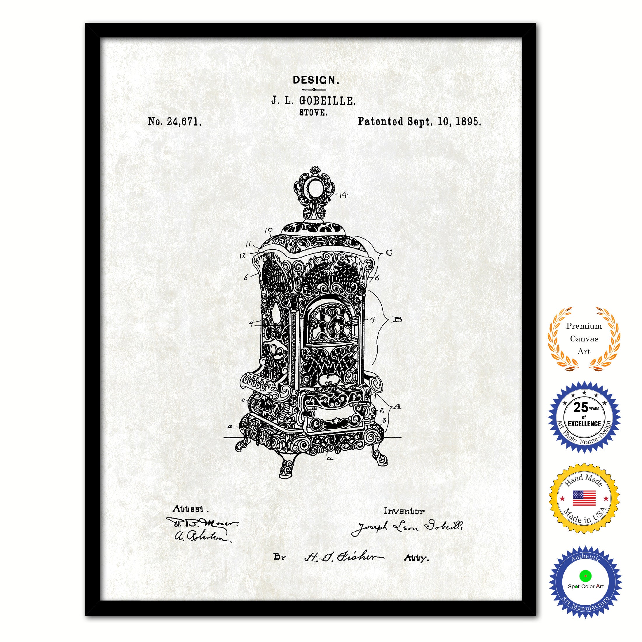 1895 Stove Old Patent Art Print on Canvas Custom Framed Vintage Home Decor Wall Decoration Great for Gifts