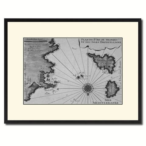 Sicily West Aegadian Islands Vintage B&W Map Canvas Print, Picture Frame Home Decor Wall Art Gift Ideas
