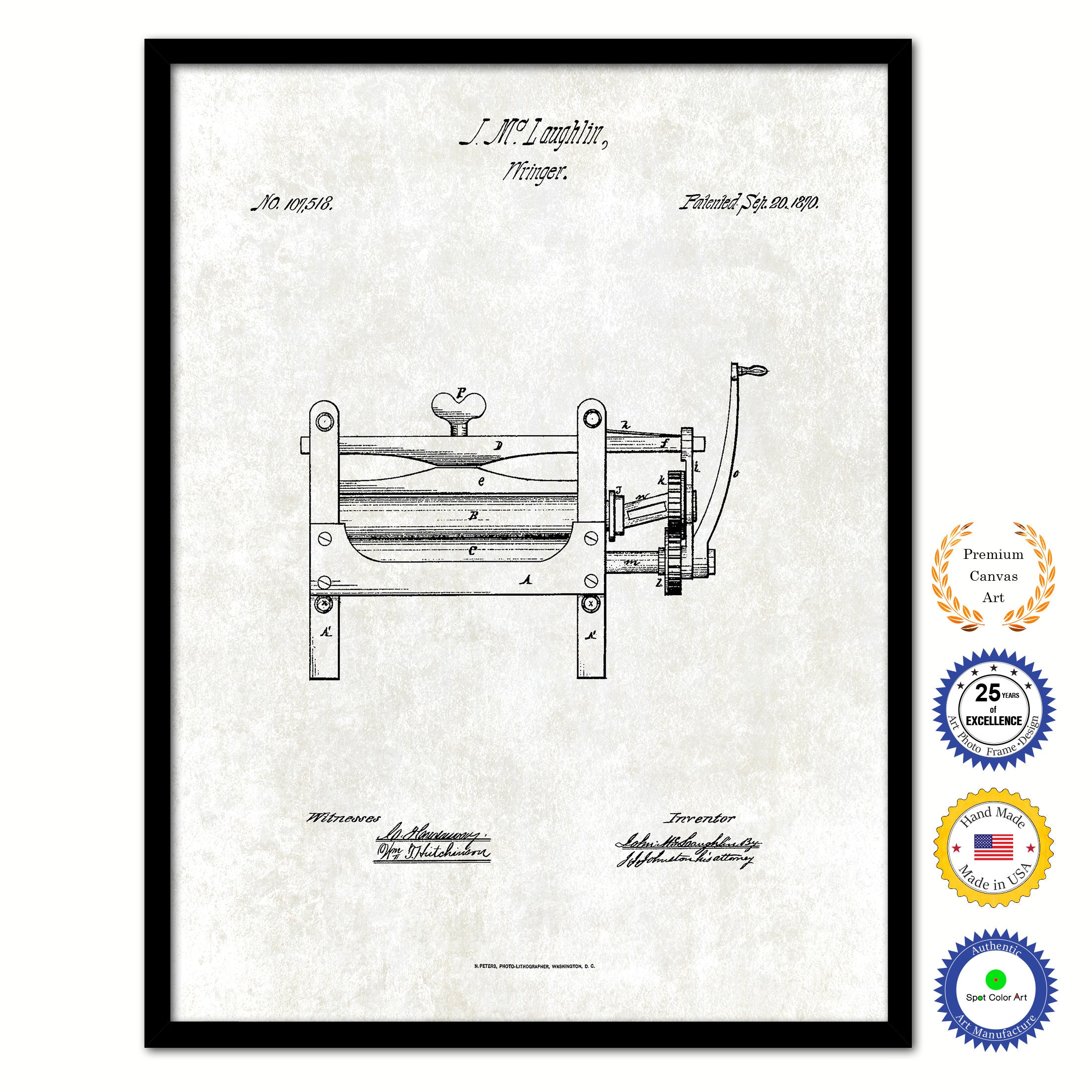 1870 Wringer Old Patent Art Print on Canvas Custom Framed Vintage Home Decor Wall Decoration Great for Gifts