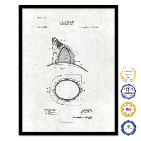 1889 Firefighter Fireman's Hat Vintage Patent Artwork Black Framed Canvas Print Home Office Decor Great for Firefighter Fireman Firewoman