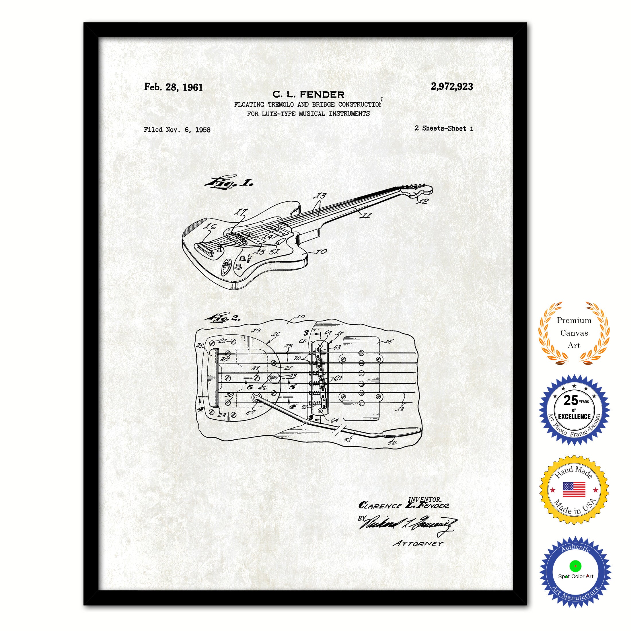 1961 Fender Electric Guitar Tremolo Old Patent Art Print on Canvas Custom Framed Vintage Home Decor Wall Decoration Great for Gifts