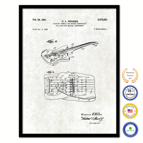1961 Fender Electric Guitar Tremolo Old Patent Art Print on Canvas Custom Framed Vintage Home Decor Wall Decoration Great for Gifts