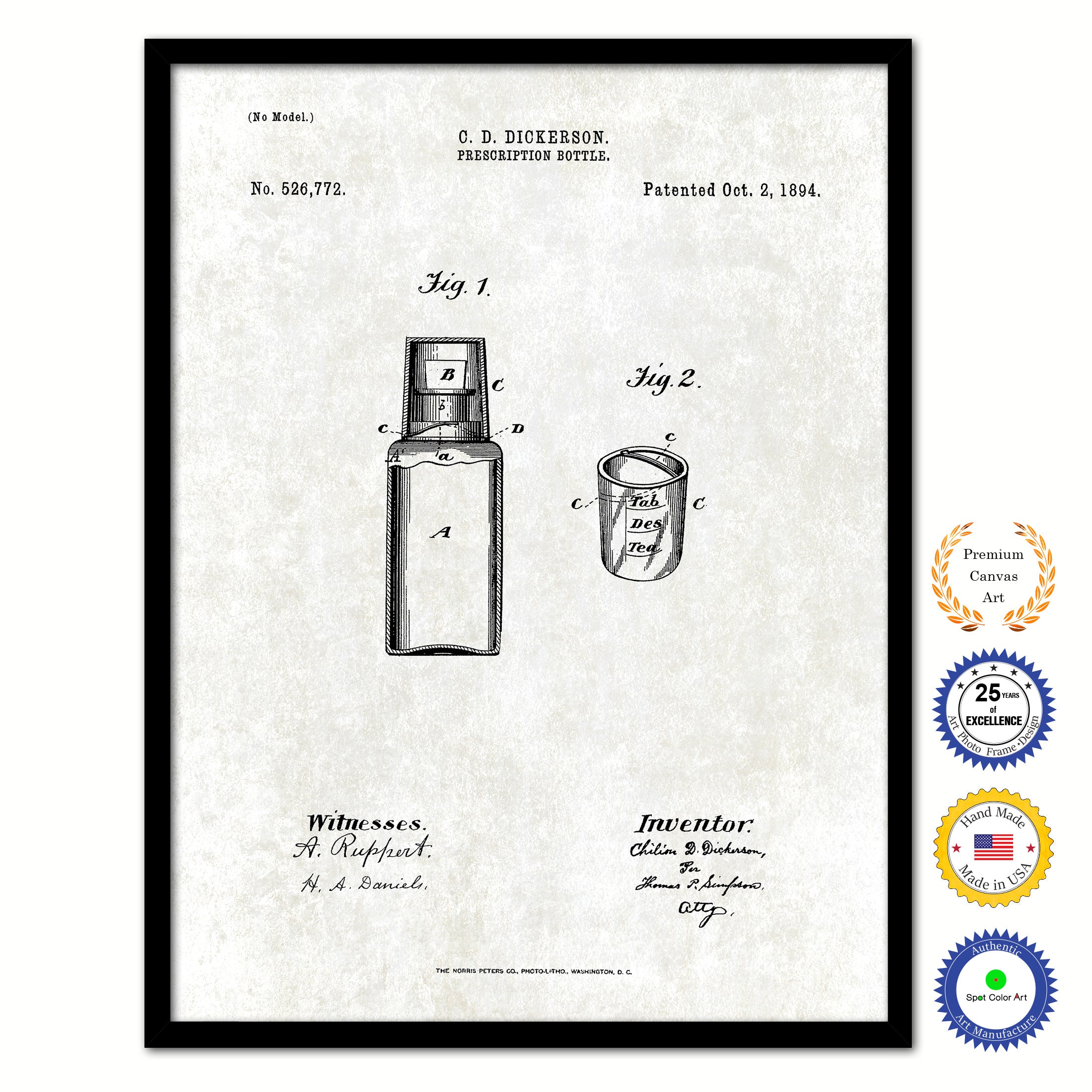 1894 Prescription Bottle Old Patent Art Print on Canvas Custom Framed Vintage Home Decor Wall Decoration Great for Gifts