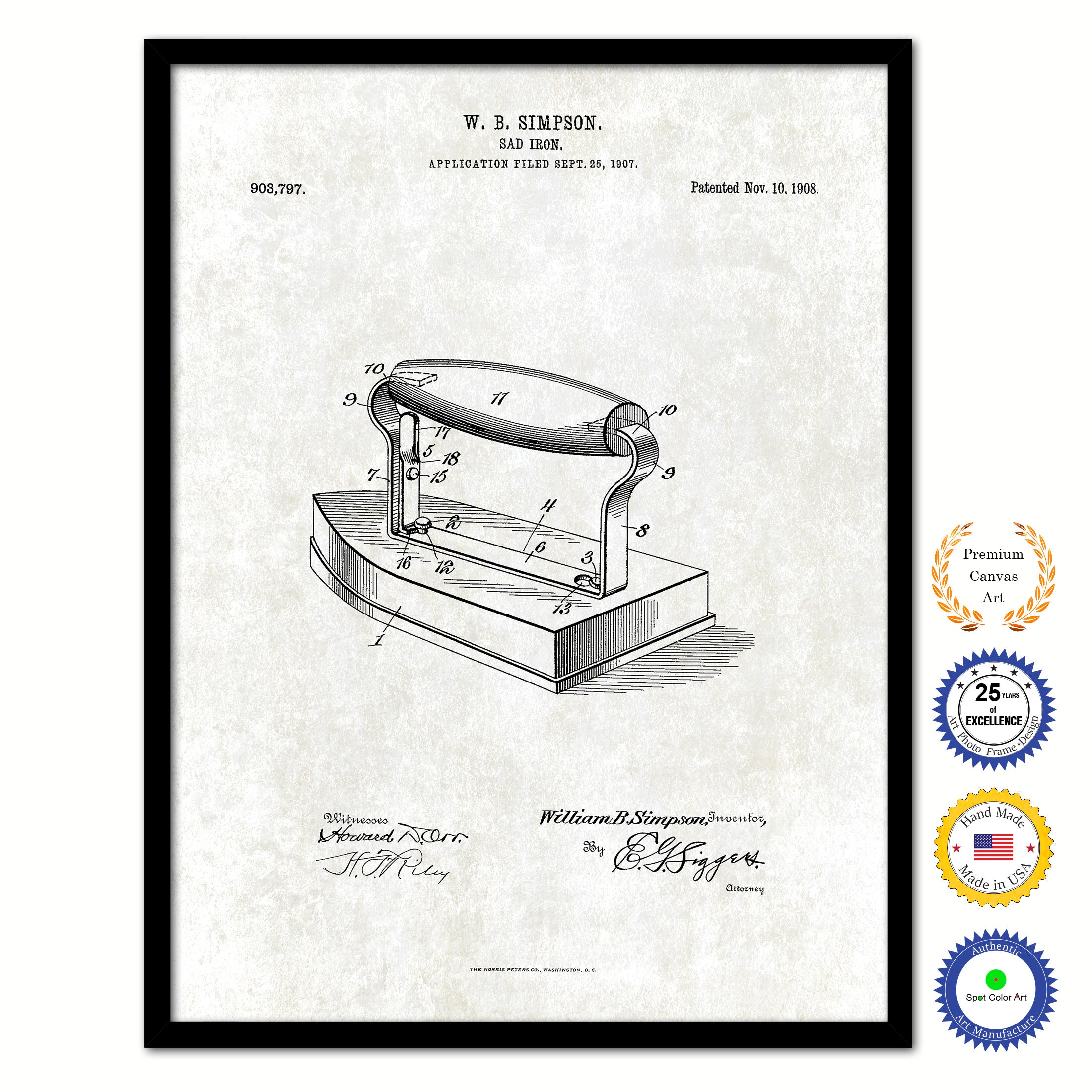 1908 Sad Iron Old Patent Art Print on Canvas Custom Framed Vintage Home Decor Wall Decoration Great for Gifts