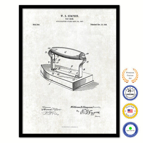 1908 Sad Iron Old Patent Art Print on Canvas Custom Framed Vintage Home Decor Wall Decoration Great for Gifts