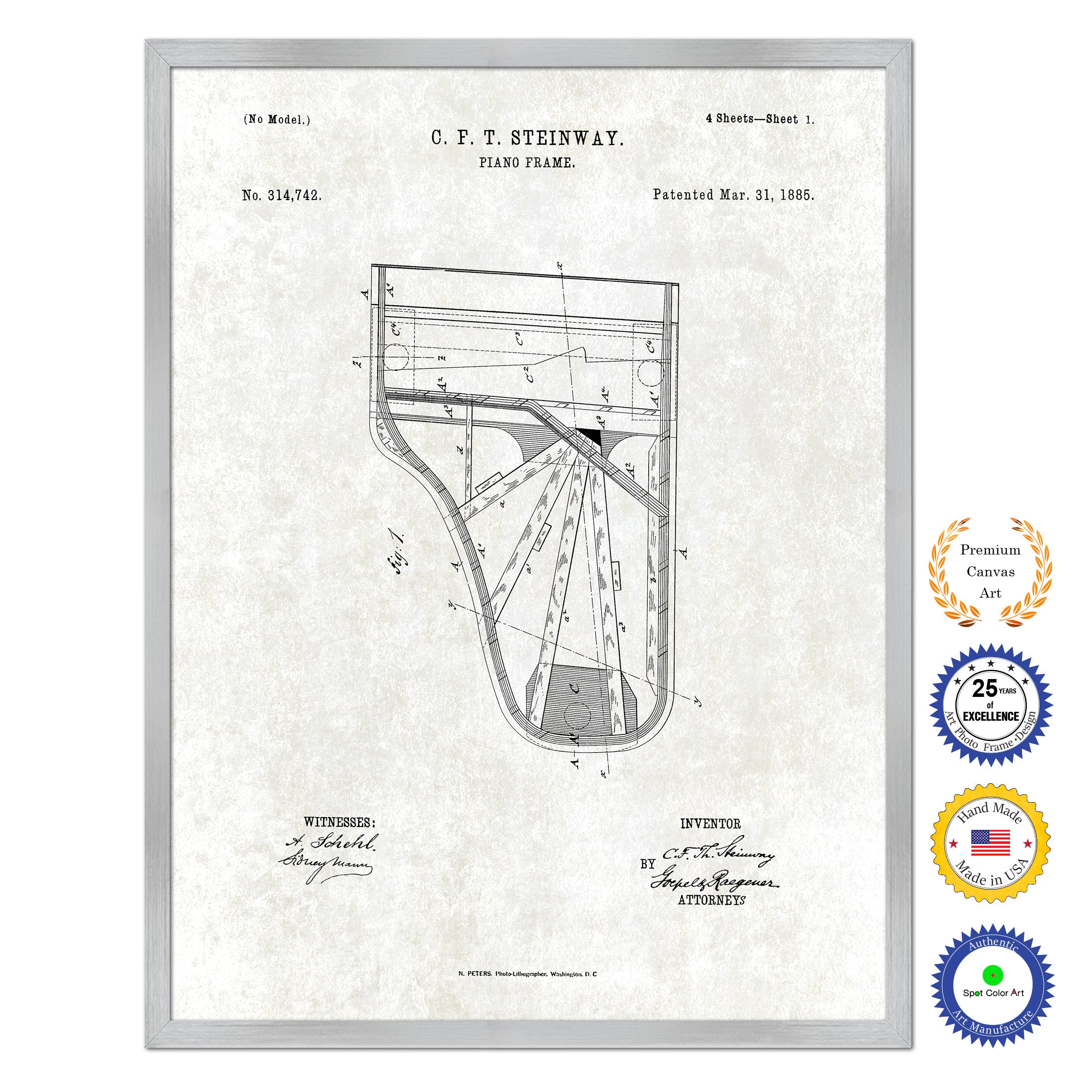 1885 Piano Frame Old Patent Art Print on Canvas Custom Framed Vintage Home Decor Wall Decoration Great for Gifts